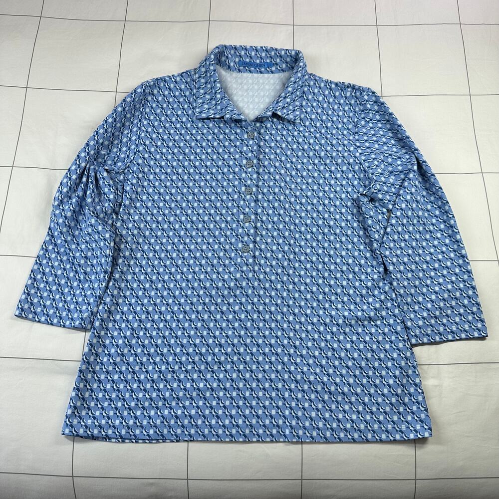 J. McLaughlin Top Womens Large Blue Court Polo Geometric 3/4 Sleeve Preppy Golf